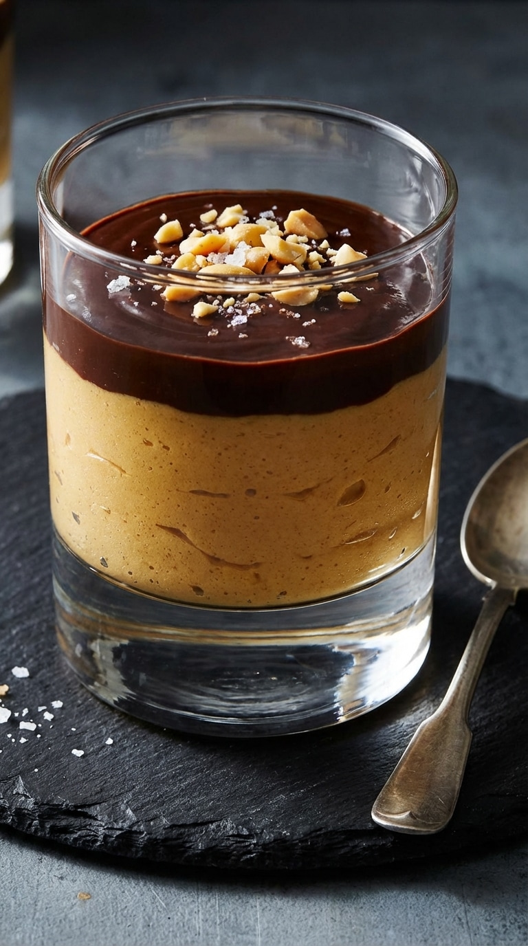 A glass filled with layered peanut butter mousse and chocolate ganache, topped with peanuts and sea salt on a slate board.