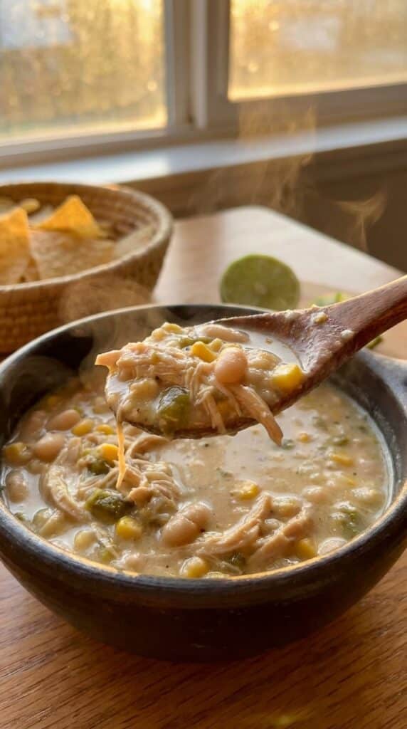 A close-up of a spoon lifting a thick, creamy bite of white chicken chili with beans and corn, with steam rising.
