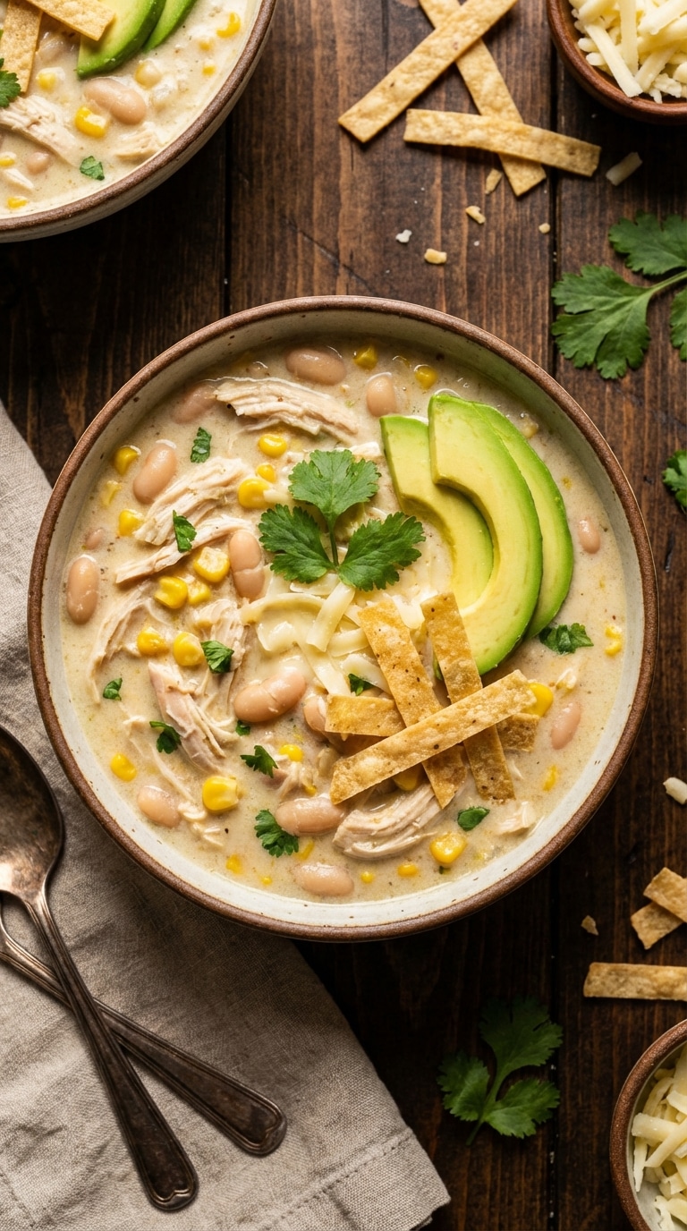 A top-down view of a rustic bowl filled with creamy white chicken chili topped with avocado, cilantro, and tortilla strips.