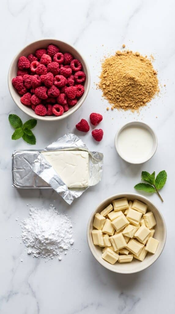 A flat lay showing freeze-dried raspberries, graham cracker crumbs, cream cheese, powdered sugar, and white chocolate chunks on a marble board.