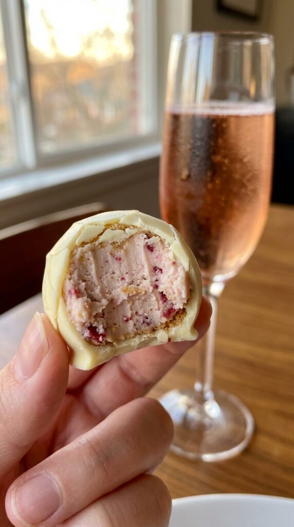 A close-up of a hand holding a white chocolate cheesecake ball with a bite taken out, revealing a creamy pink center with graham cracker and raspberry pieces.