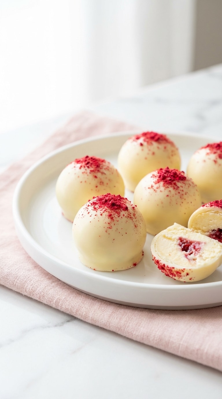 A white ceramic plate holding smooth white chocolate-covered cheesecake balls garnished with bright red raspberry dust.