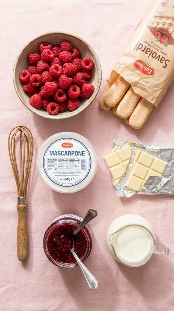 A flat lay showing fresh raspberries, ladyfingers, mascarpone cheese, white chocolate, and heavy cream on a pink background.