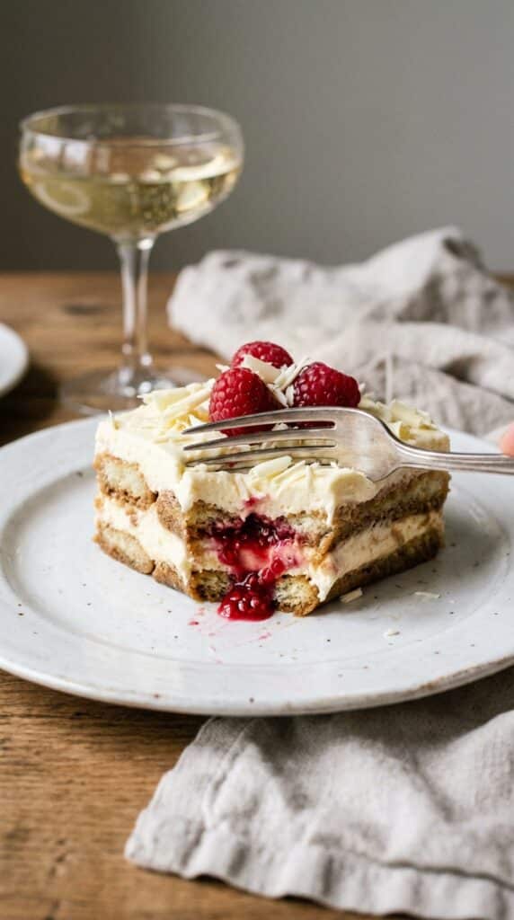 A close-up of a fork cutting into a slice of layered raspberry tiramisu, showing the creamy texture and juicy berries.
