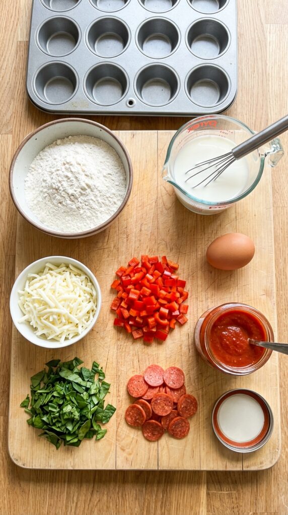 A flat lay showing flour, milk, egg, shredded cheese, diced peppers, spinach, and a muffin tin on a wooden board.