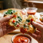 Hands pulling apart a warm, cheesy pizza muffin to reveal veggies inside, dipping it into red marinara sauce.