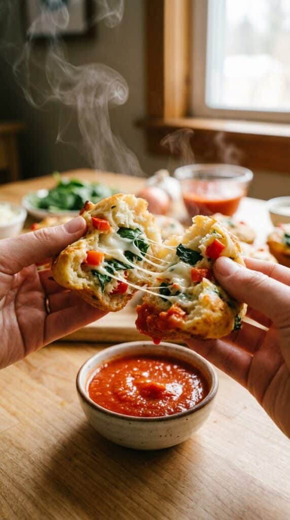Hands pulling apart a warm, cheesy pizza muffin to reveal veggies inside, dipping it into red marinara sauce.
