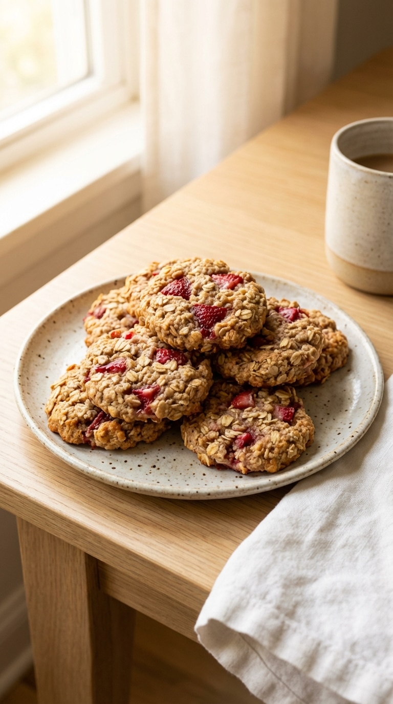 A stack of soft-baked oatmeal cookies with visible pieces of fresh red strawberries on a ceramic plate.