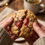 Hands gently pulling apart a soft strawberry oat cookie, showing the chewy, fruity interior.