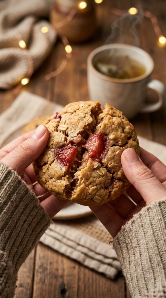 Hands gently pulling apart a soft strawberry oat cookie, showing the chewy, fruity interior.