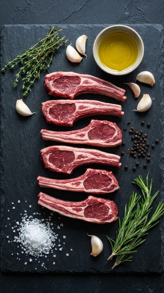 A flat lay showing raw lamb rib chops, olive oil, fresh rosemary, thyme, garlic cloves, and sea salt on a dark slate board.