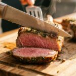 A close-up of a knife cutting into a lamb chop, revealing a juicy, perfectly pink medium-rare center with a crispy herb crust.