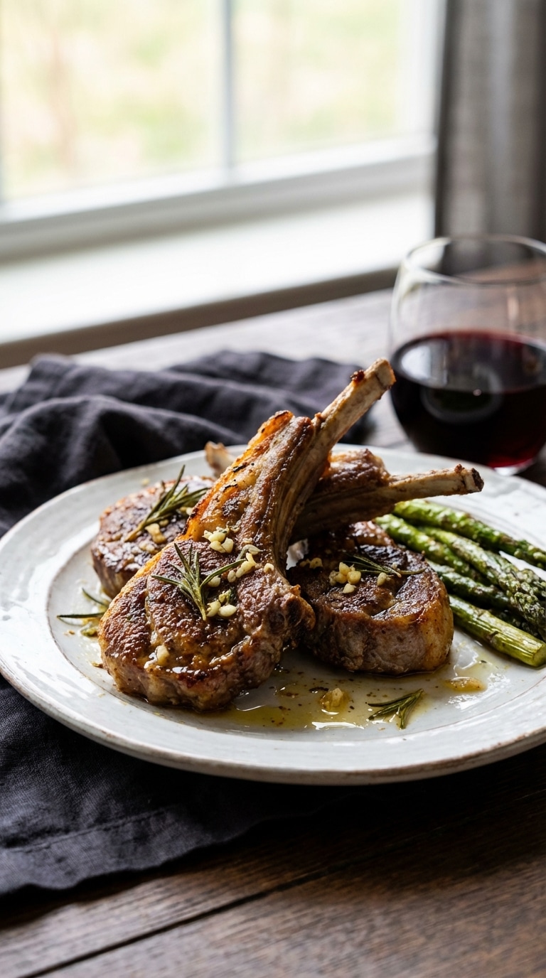 A stack of beautifully crusted, cooked lamb rib chops on a white plate garnished with fresh rosemary and lemon wedges.