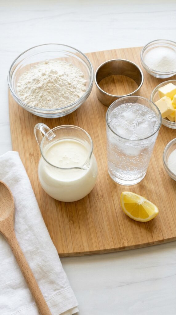 A flat lay showing a bowl of flour, a pitcher of cream, a glass of fizzy lemon-lime soda, and a biscuit cutter on a wooden board.