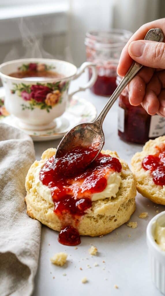 A close-up of a hand spreading strawberry jam onto a split scone over a layer of cream, with a cup of tea in the background.