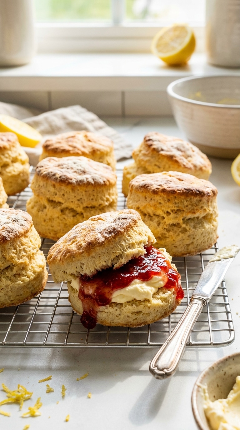 A close-up of tall, golden air fryer scones on a wire rack, with one split and topped with thick whipped cream and red strawberry jam.
