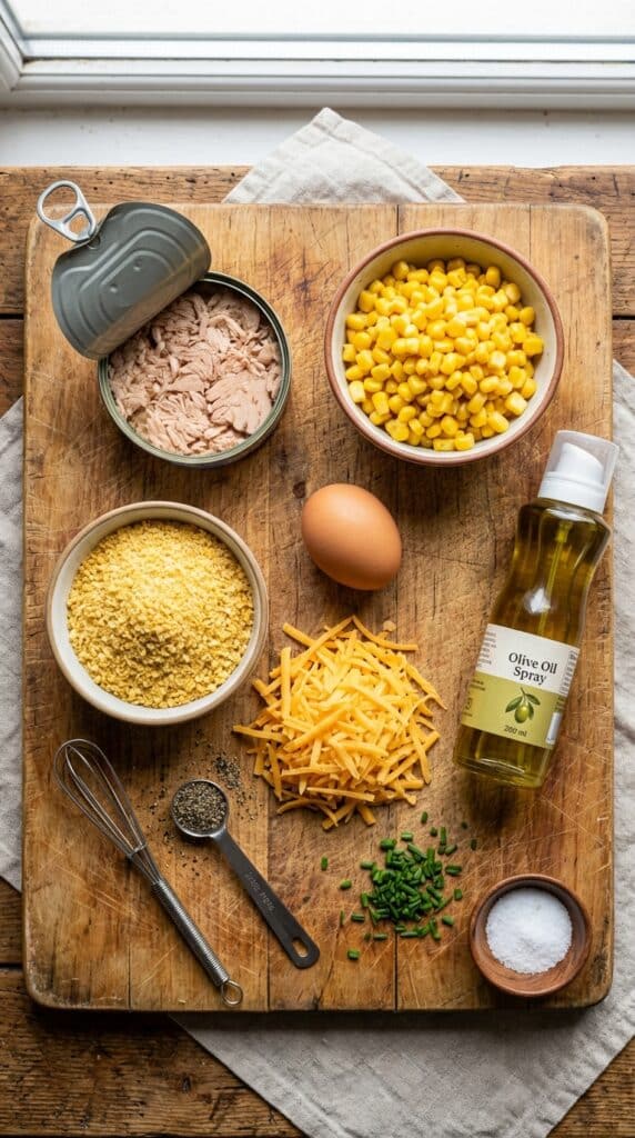 A flat lay showing canned tuna, sweetcorn, Panko breadcrumbs, cheddar cheese, an egg, and olive oil spray on a wooden board.