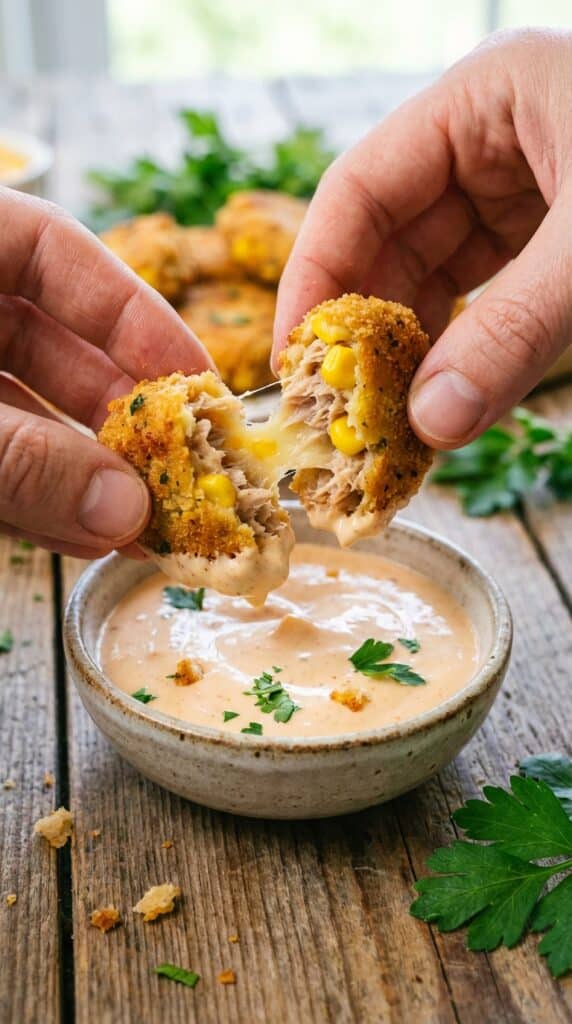 A close-up of a hand dipping a half-eaten crispy tuna and sweetcorn nugget into spicy mayo, showing the flaky interior.