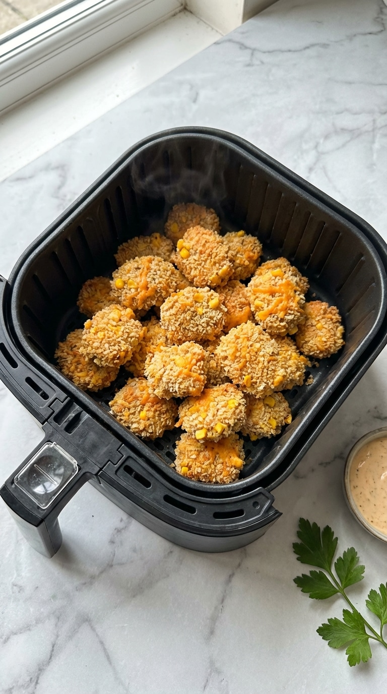 A top-down view inside an air fryer basket filled with crispy, golden-brown tuna and sweetcorn nuggets.