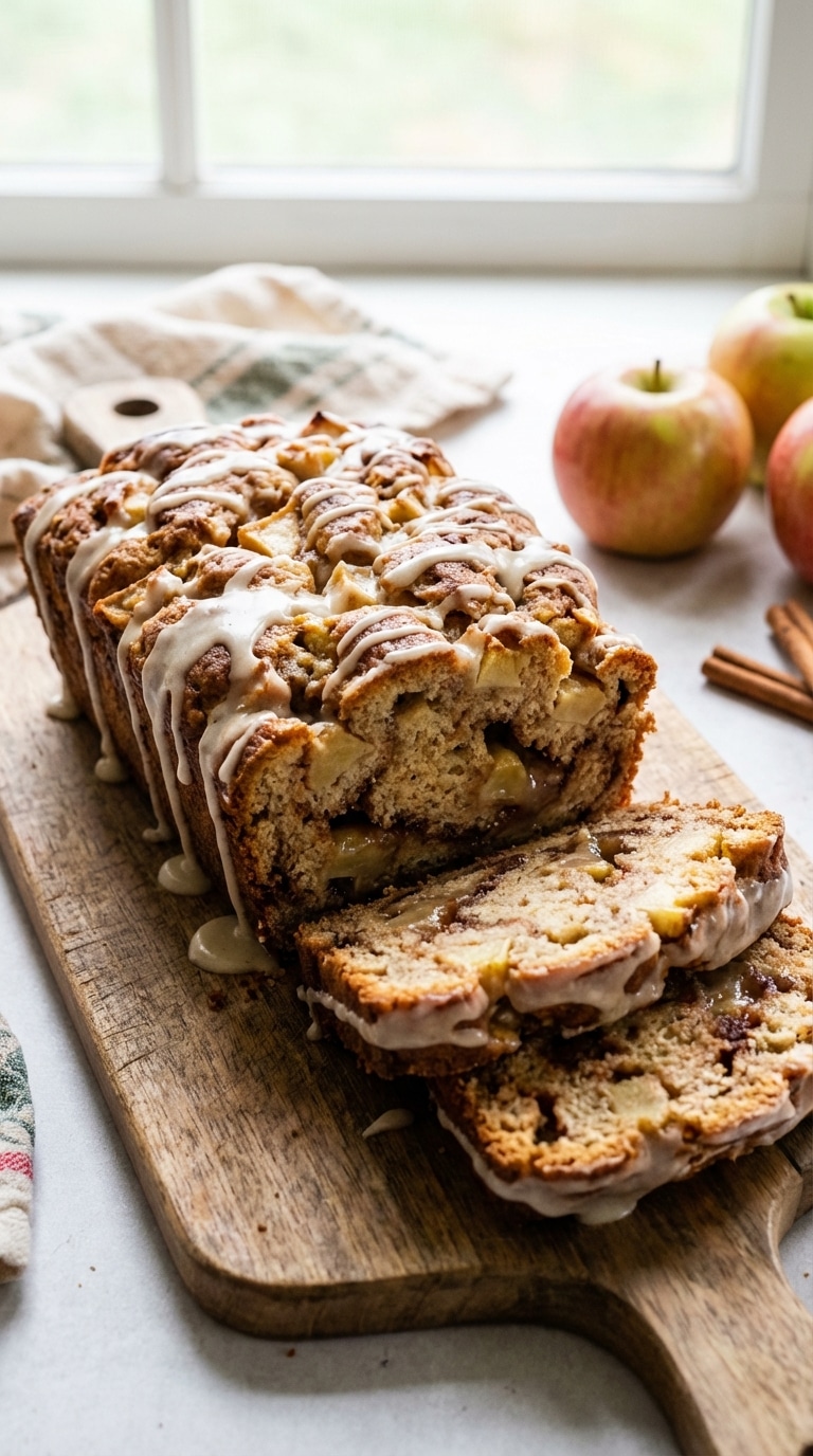 A glazed apple fritter bread loaf on a wooden cutting board with two slices cut to show the cinnamon apple interior.