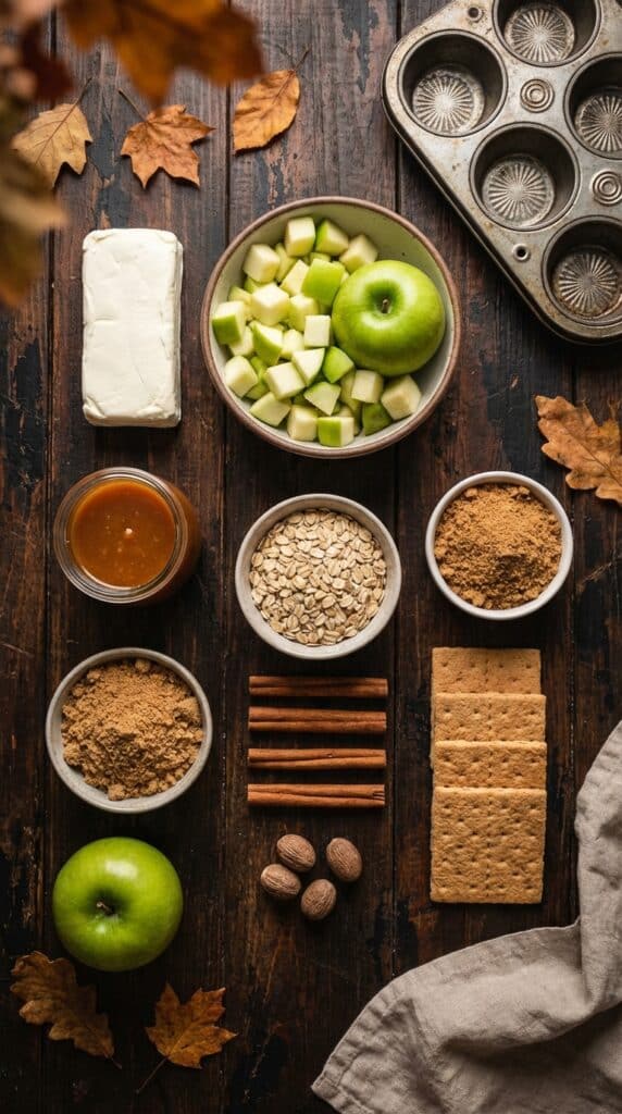 A flat lay showing cream cheese, diced apples, rolled oats, brown sugar, cinnamon, and graham crackers on a dark wooden board.