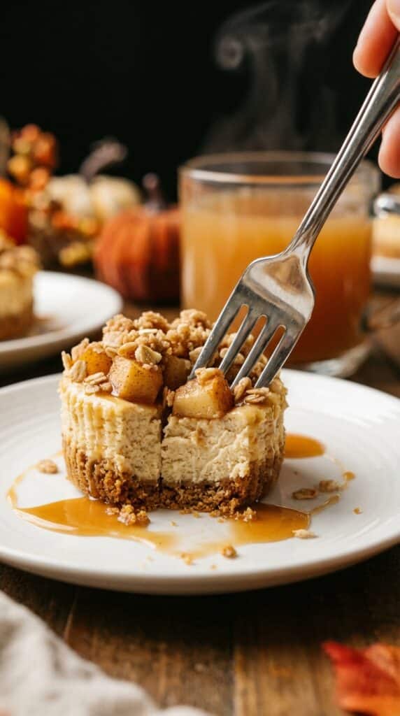 A close-up of a fork cutting into a mini apple crisp cheesecake, showing the layers of crust, filling, apples, and streusel with caramel sauce.
