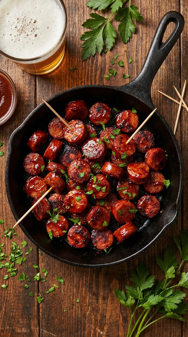 A cast-iron skillet filled with glossy, glazed BBQ sausage bites with toothpicks and parsley garnish.