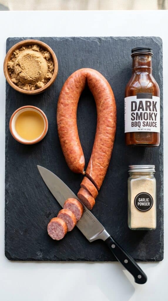 A flat lay showing a loop of smoked sausage, a bottle of BBQ sauce, brown sugar, and spices on a dark slate board.