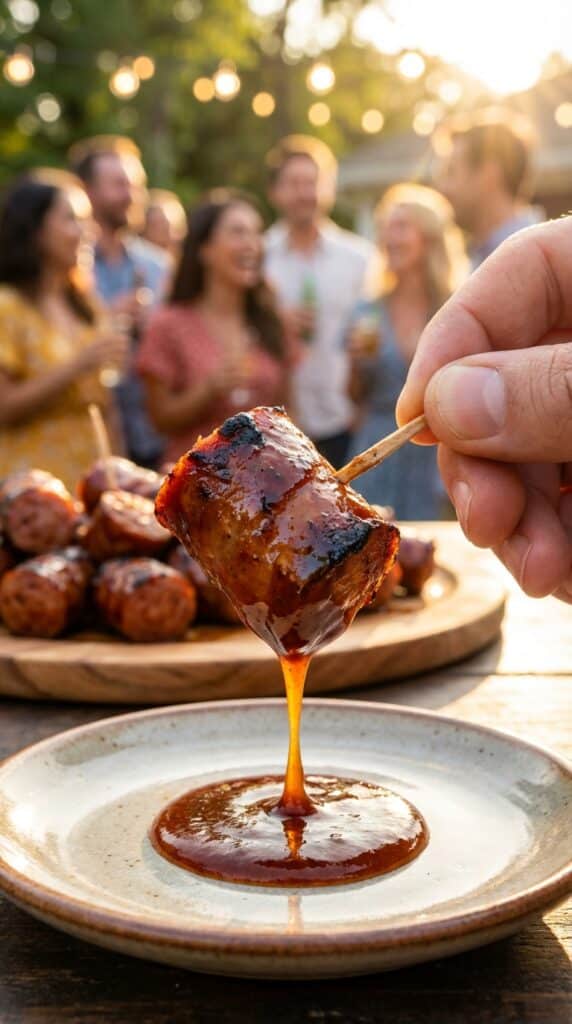 A close-up of a hand holding a toothpick with a glossy BBQ sausage bite, with a party scene blurred in the background.