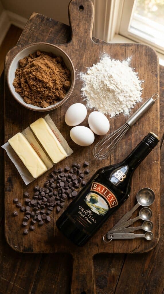 A flat lay showing brown sugar, chocolate chips, butter, flour, eggs, and a bottle of Irish Cream liqueur on a wooden board.