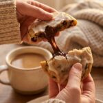 Hands pulling apart a gooey chocolate chip cookie with white glaze, showing melted chocolate stretching in the middle.