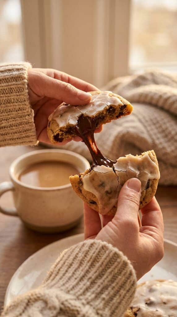 Hands pulling apart a gooey chocolate chip cookie with white glaze, showing melted chocolate stretching in the middle.