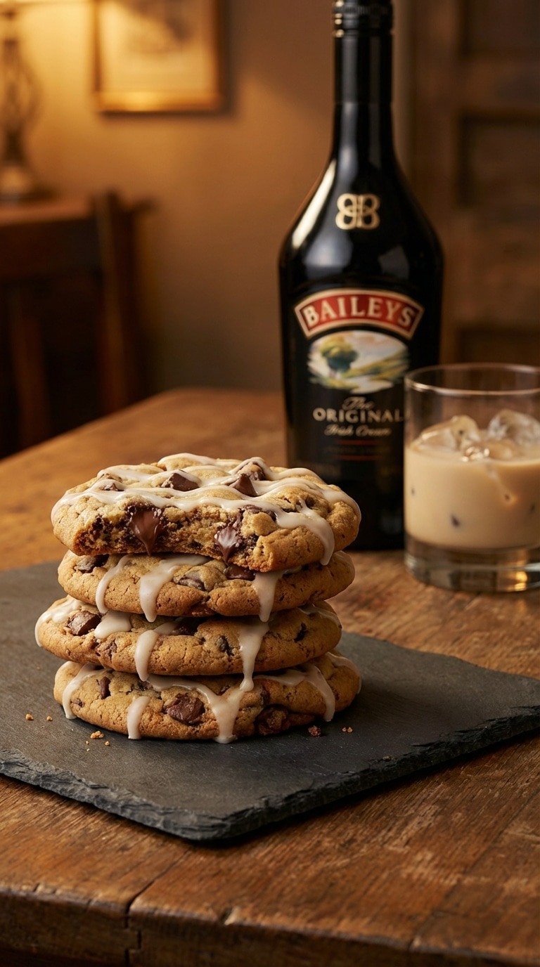A stack of chewy chocolate chip cookies drizzled with white glaze, with a glass and bottle of Baileys Irish Cream in the background.