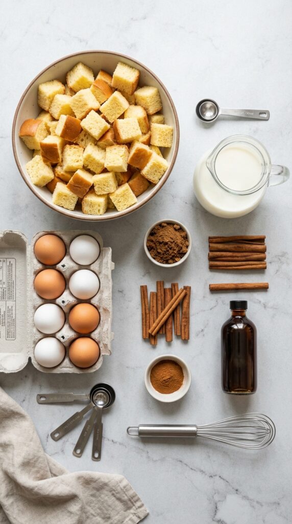 A flat lay showing cubed brioche bread, eggs, milk, brown sugar, and cinnamon on a light stone surface.