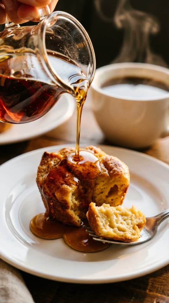 A close-up of warm maple syrup being poured over a French toast muffin on a plate, with a piece broken off to show the soft inside.