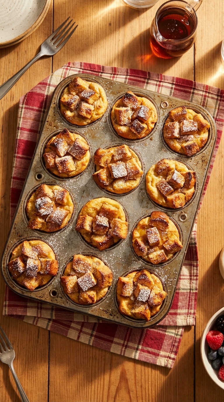 A rustic muffin tin filled with freshly baked, golden-brown French toast muffins dusted with powdered sugar.
