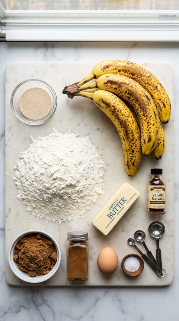 A flat lay showing overripe bananas, flour, yeast, butter, brown sugar, and cinnamon on a marble board.