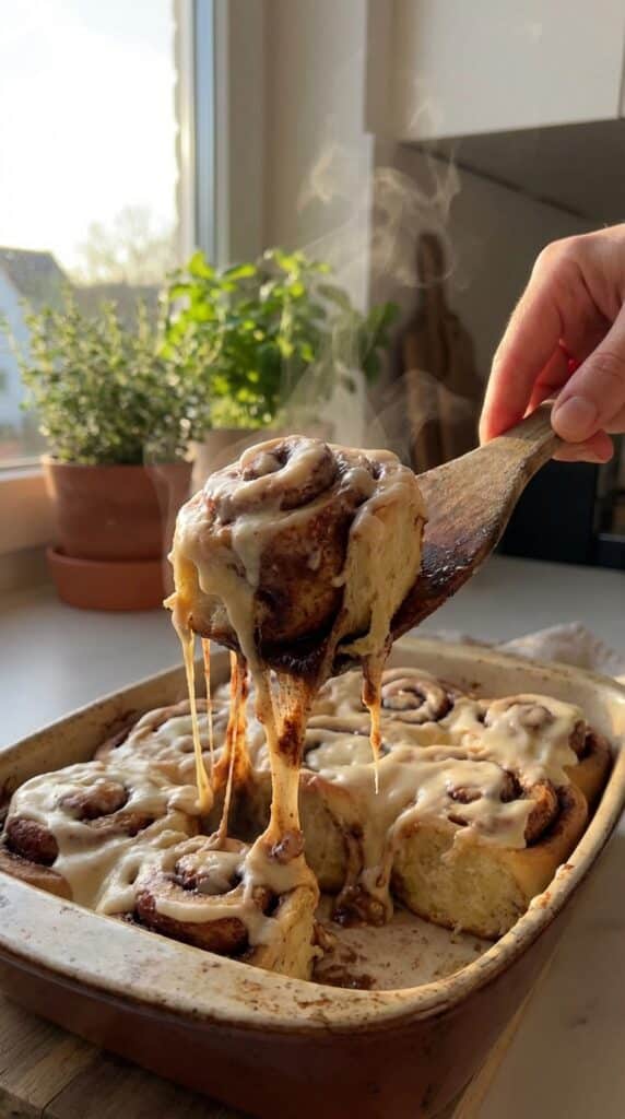 A close-up of a single gooey banana cinnamon roll being pulled from a baking pan, showing steam and melting icing