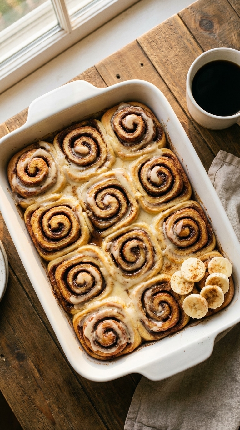 A baking dish filled with fluffy banana cinnamon rolls topped with melting cream cheese frosting.