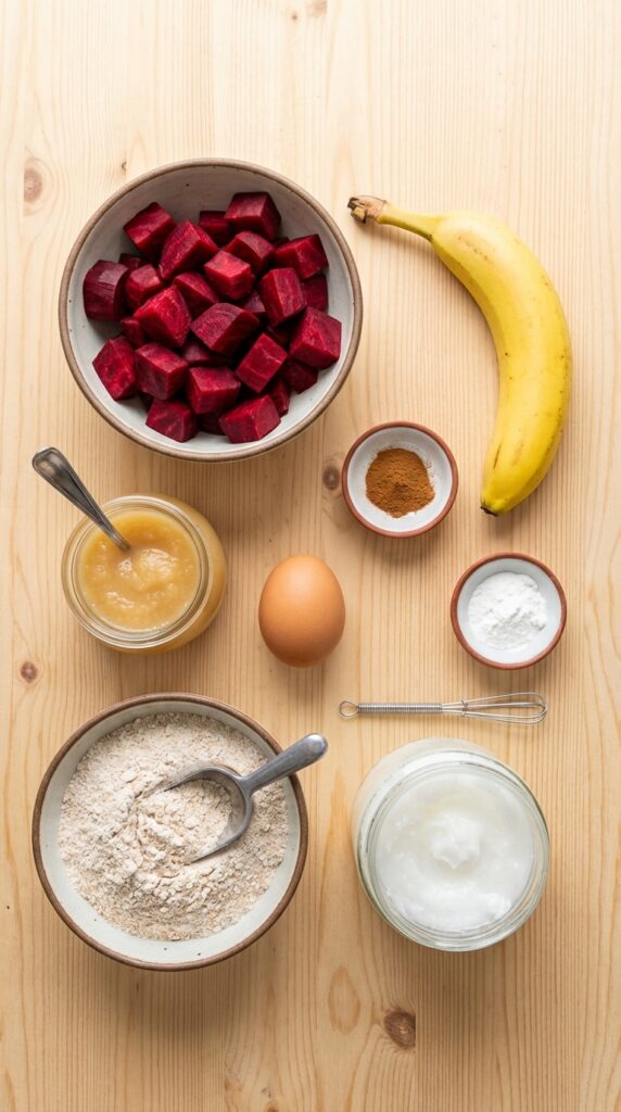 A flat lay showing diced red beets, a banana, applesauce, an egg, flour, and coconut oil on a wooden board.