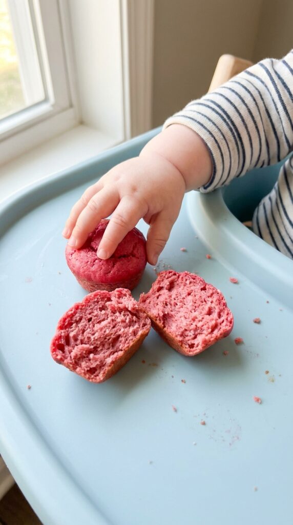 A close-up of a baby's hand reaching for a bright pink mini muffin on a blue highchair tray, with one muffin broken open to show the soft texture.