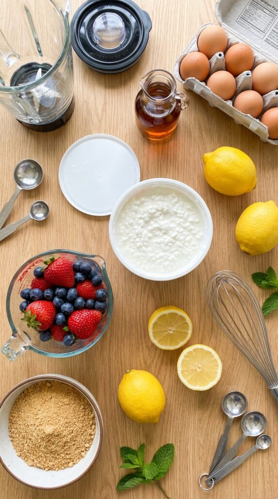 A flat lay showing a tub of cottage cheese, fresh mixed berries, eggs, maple syrup, lemons, and graham cracker crumbs on a wooden board.