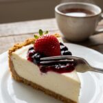 A close-up of a slice of cottage cheese cheesecake with a fork taking a bite, showing a smooth texture and berry topping.