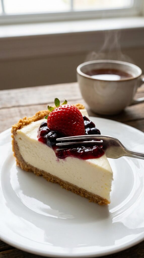 A close-up of a slice of cottage cheese cheesecake with a fork taking a bite, showing a smooth texture and berry topping.