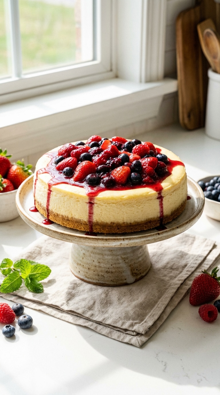 A whole baked cheesecake topped with a glossy mixed berry compote, sitting on a ceramic cake stand in a bright kitchen.