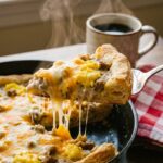 A close-up of a spatula lifting a slice of breakfast pizza with a gooey cheese pull, revealing the layers of biscuit crust, gravy, and eggs.