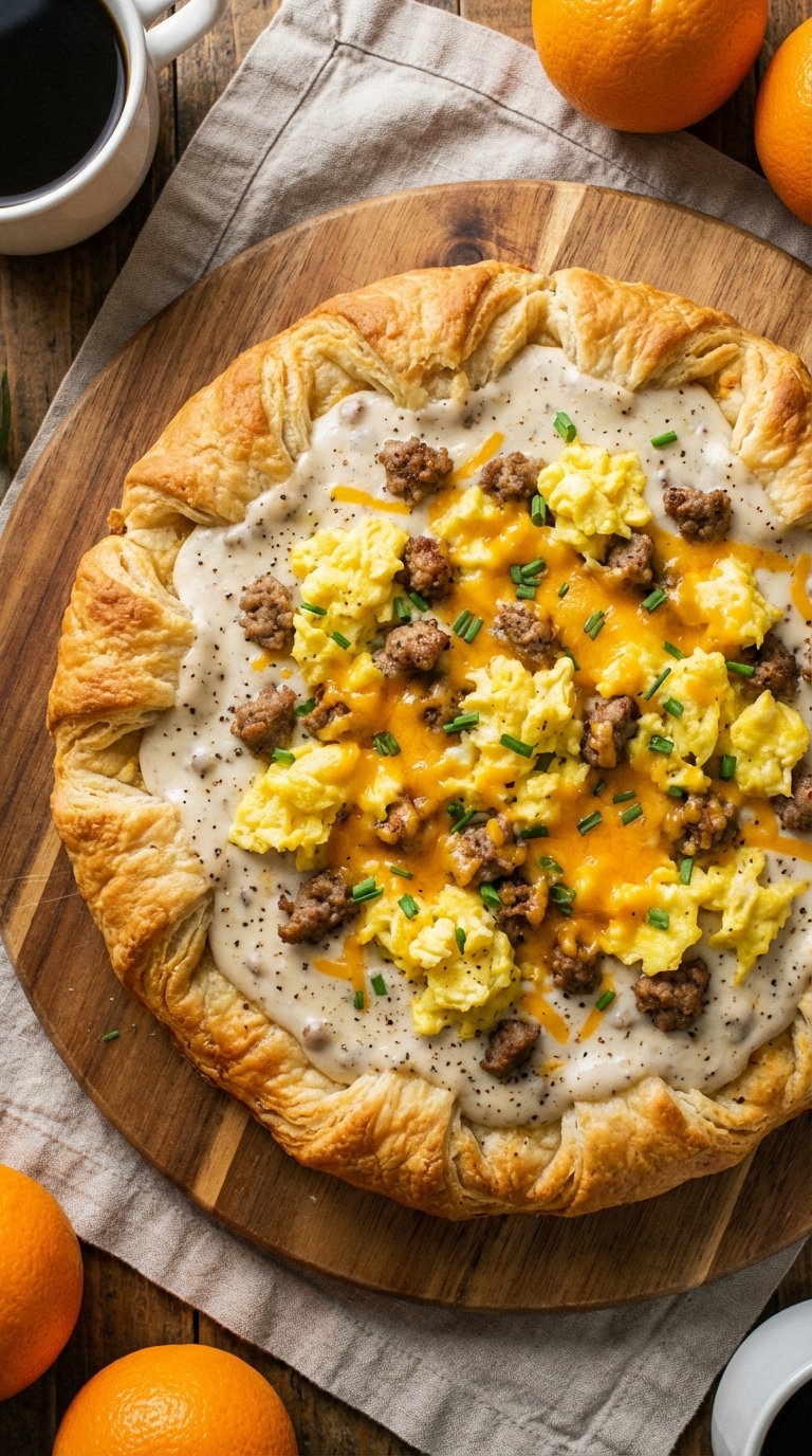 A top-down view of a breakfast pizza made with a biscuit crust, topped with white sausage gravy, scrambled eggs, sausage crumbles, and melted cheese.