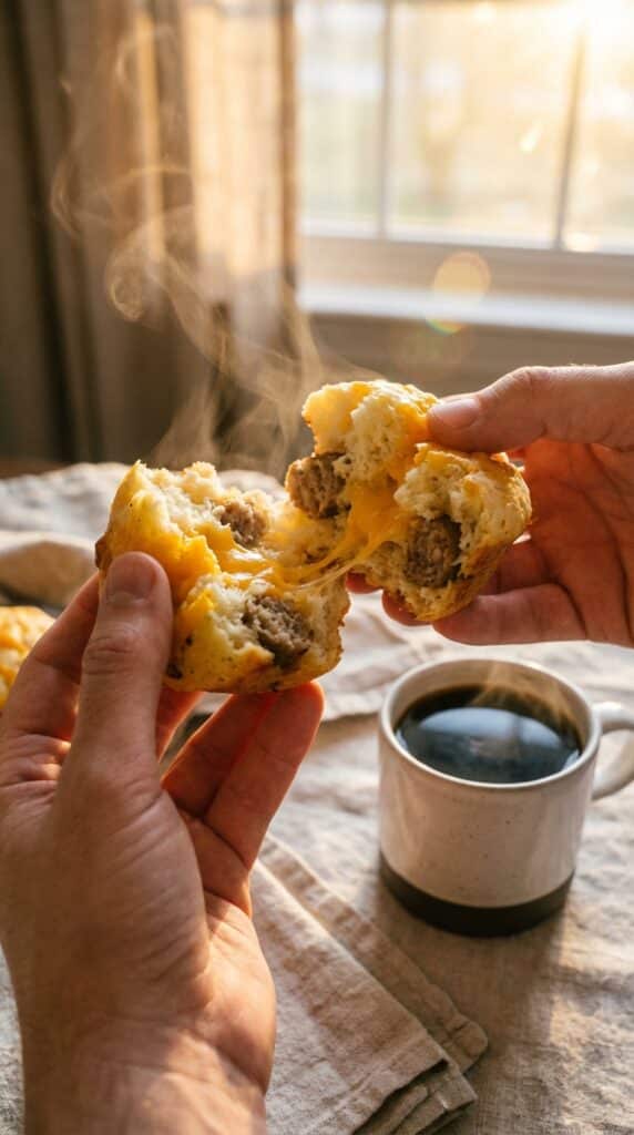 A close-up of hands breaking apart a warm savory sausage muffin, showing the steamy, cheesy interior.