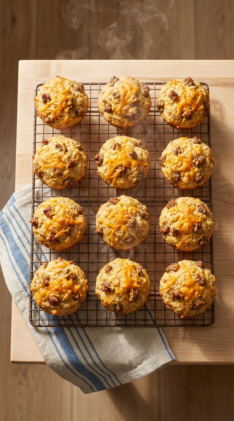 A wire cooling rack filled with golden-brown savory muffins packed with cheese and sausage, with steam rising.