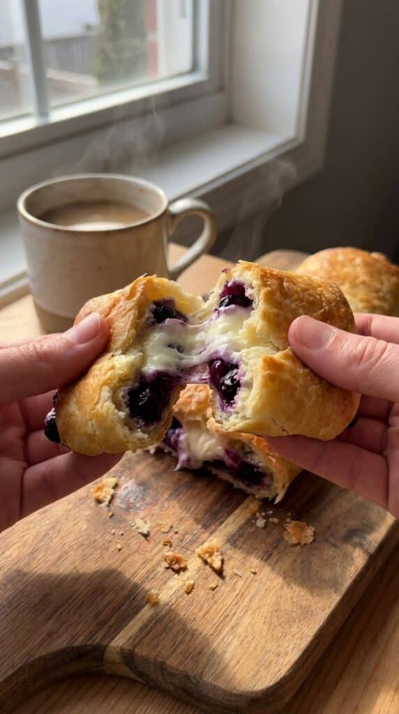 A close-up of hands pulling apart a warm blueberry cheesecake roll, showing the gooey cream cheese and blueberry filling inside